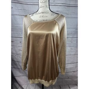 Cache Womens Gold Metallic Knit Satin Mixed Media Crisscross‎ Back Tunic Top XL